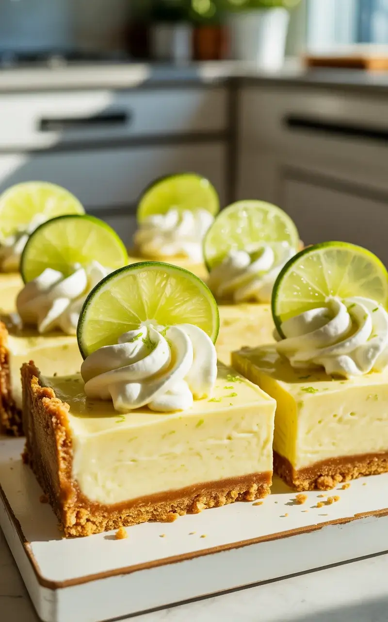 Tangy key lime pie bars with whipped cream and fresh lime on a white serving board