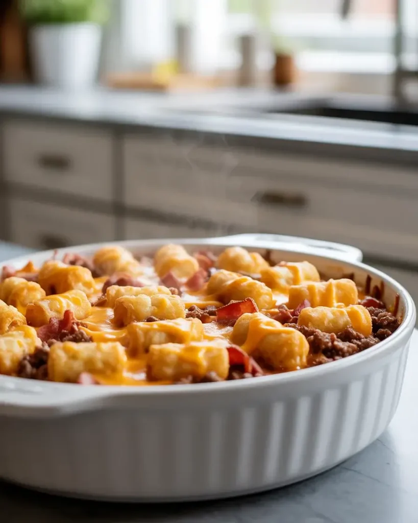 Tater tot casserole baked golden and bubbling at 375°F for 45 minutes