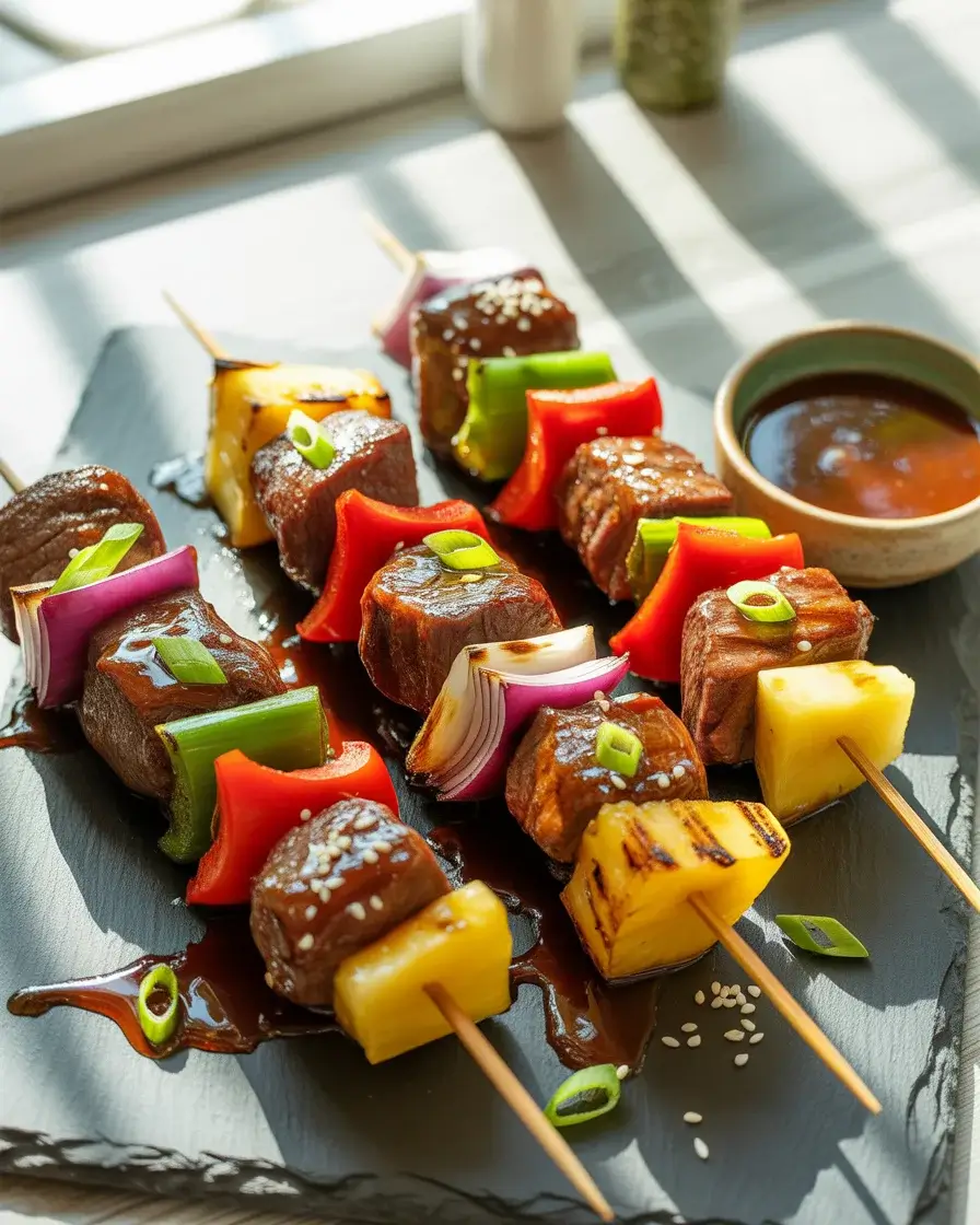 Teriyaki pineapple steak skewers garnished with sesame seeds and scallions on a slate board
