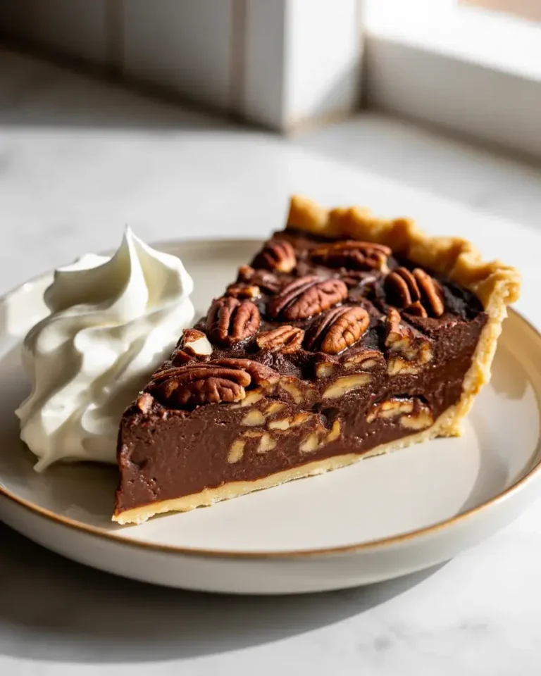 Texas chocolate pecan pie with a fudgy center, caramelized pecans, and buttery Southern crust