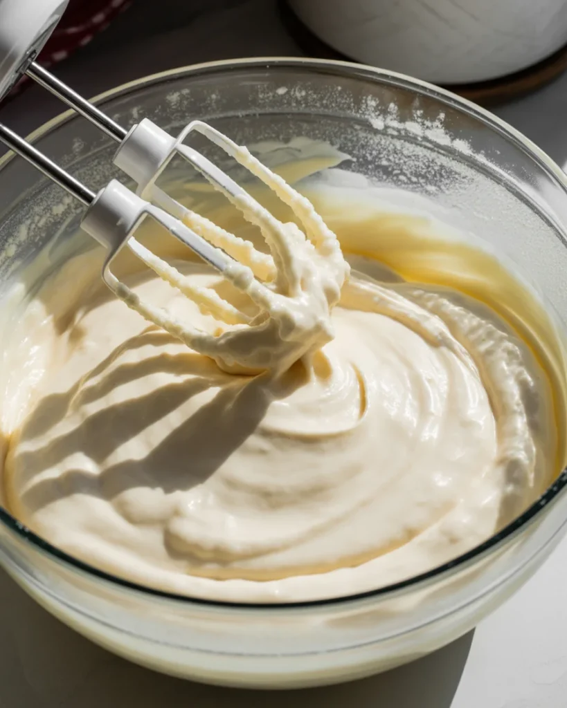 Thick, fluffy peppermint cream filling ready to spread over the chocolate base