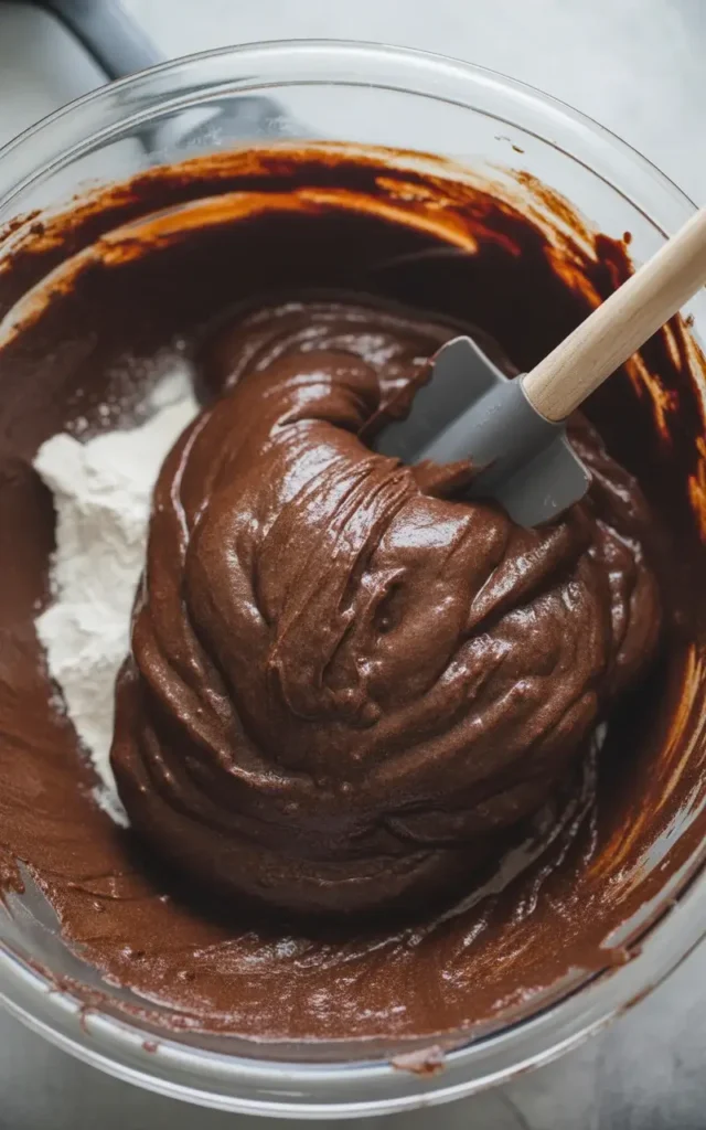  Thick, fudgy brownie batter ready to be spread into the prepared pan