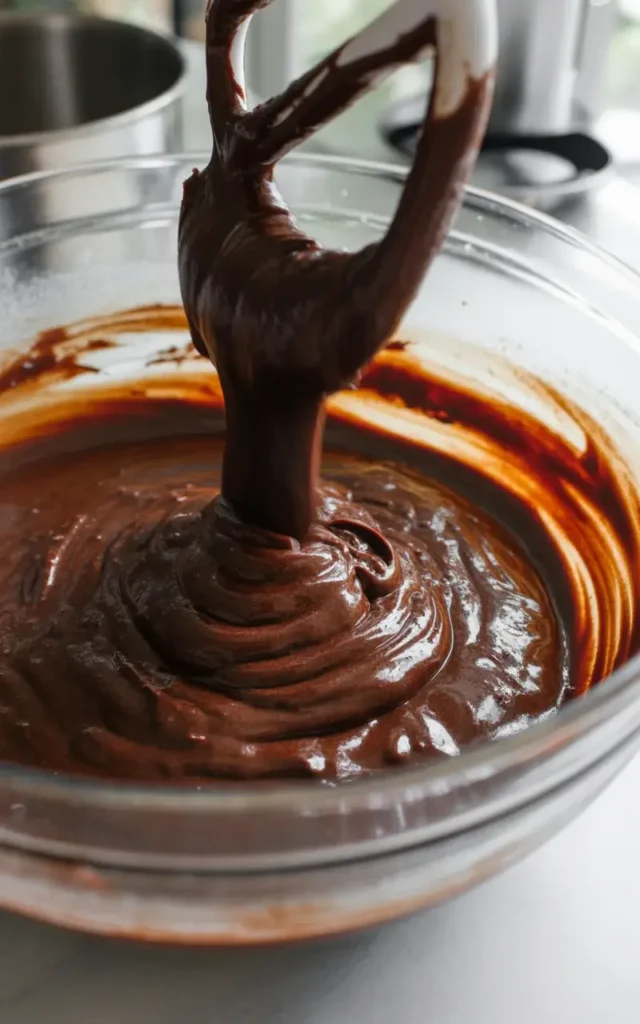 Thick, glossy brownie batter folded by hand for the perfect fudgy texture