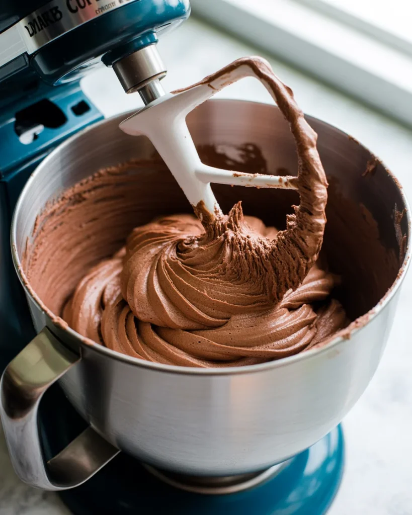 Thick, glossy chocolate buttercream ready for piping reindeer faces