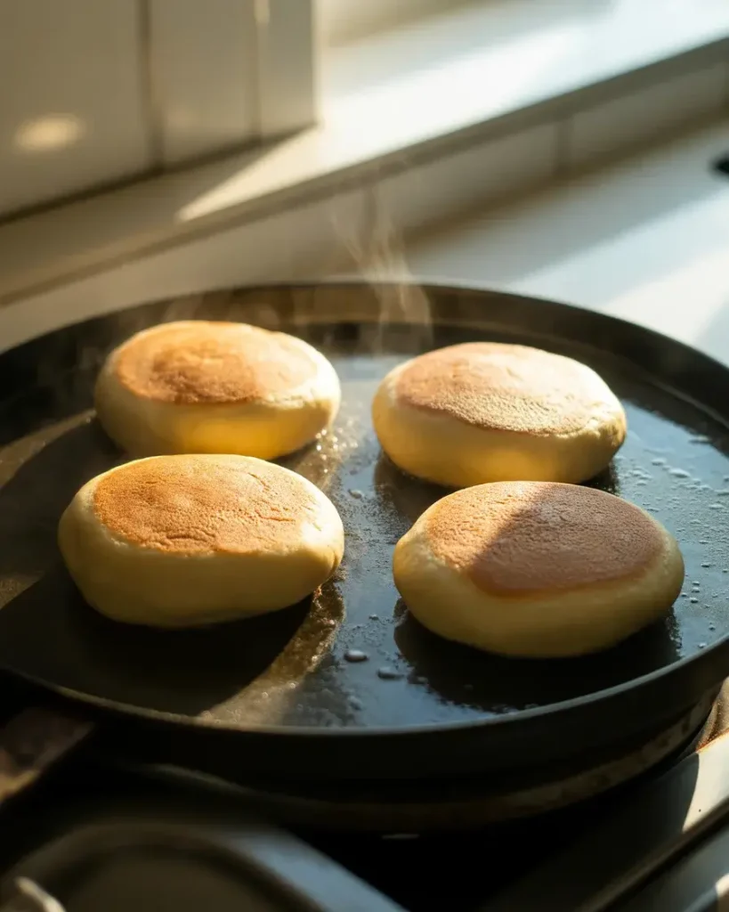 Thick maple pancake buns cooking low and slow until golden brown
