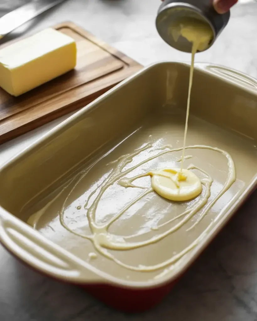 Thoroughly greasing the baking dish prevents sticking and ensures clean slices