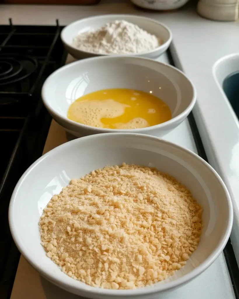 Three-bowl breading station with flour, egg wash, and panko breadcrumbs for maximum crunch