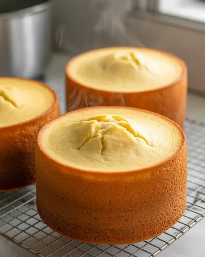 Three vanilla sponge layers cooling on a rack, ready for frosting and assembly