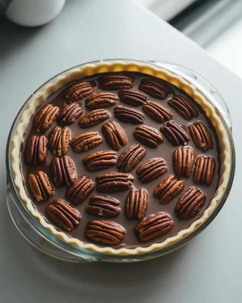 Toasted pecans layered over chocolate filling inside the chilled pie crust