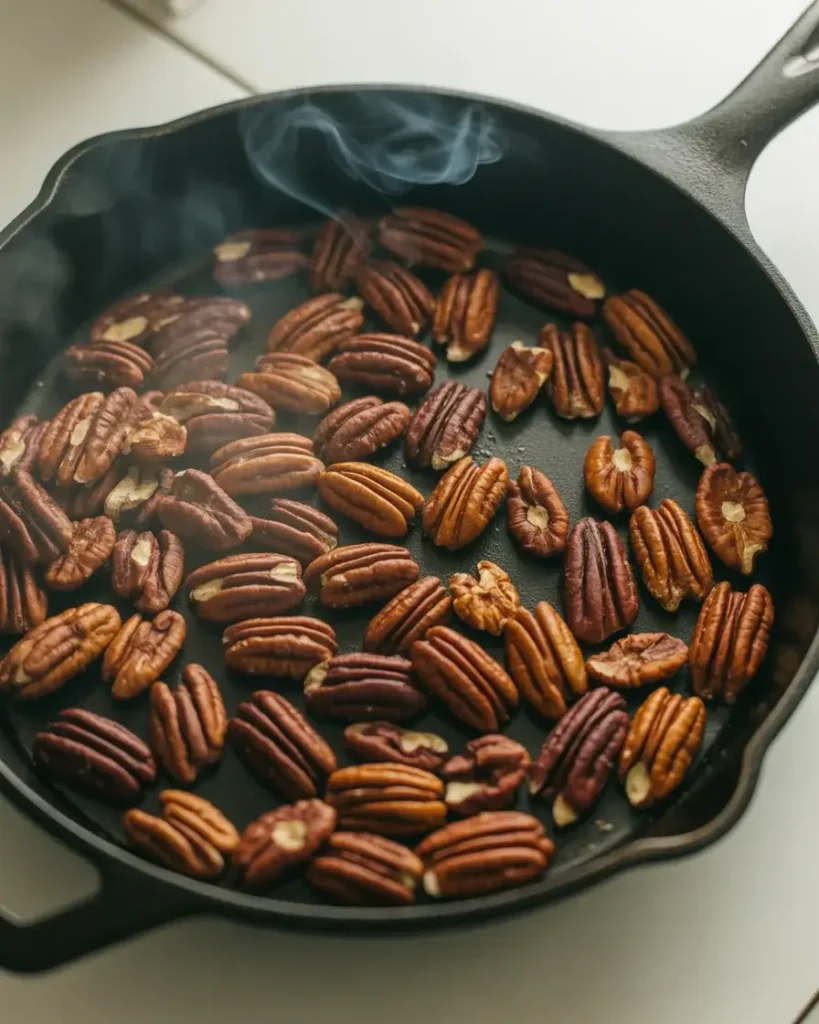 Toasting pecans in a dry skillet until golden and fragrant, about 4-5 minutes