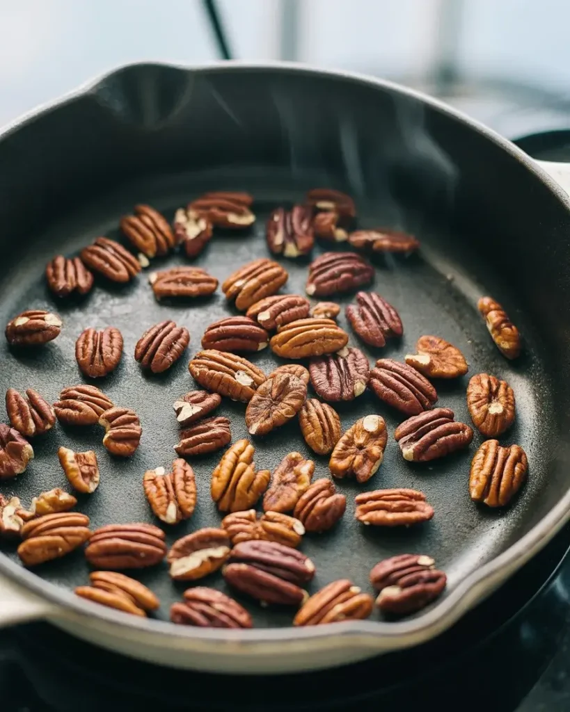 Toasting pecans in a dry skillet until golden brown and deeply fragrant