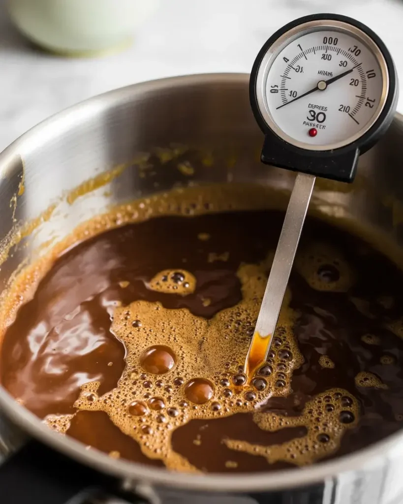 Toffee reaching the hard crack stage at 300°F with deep amber color