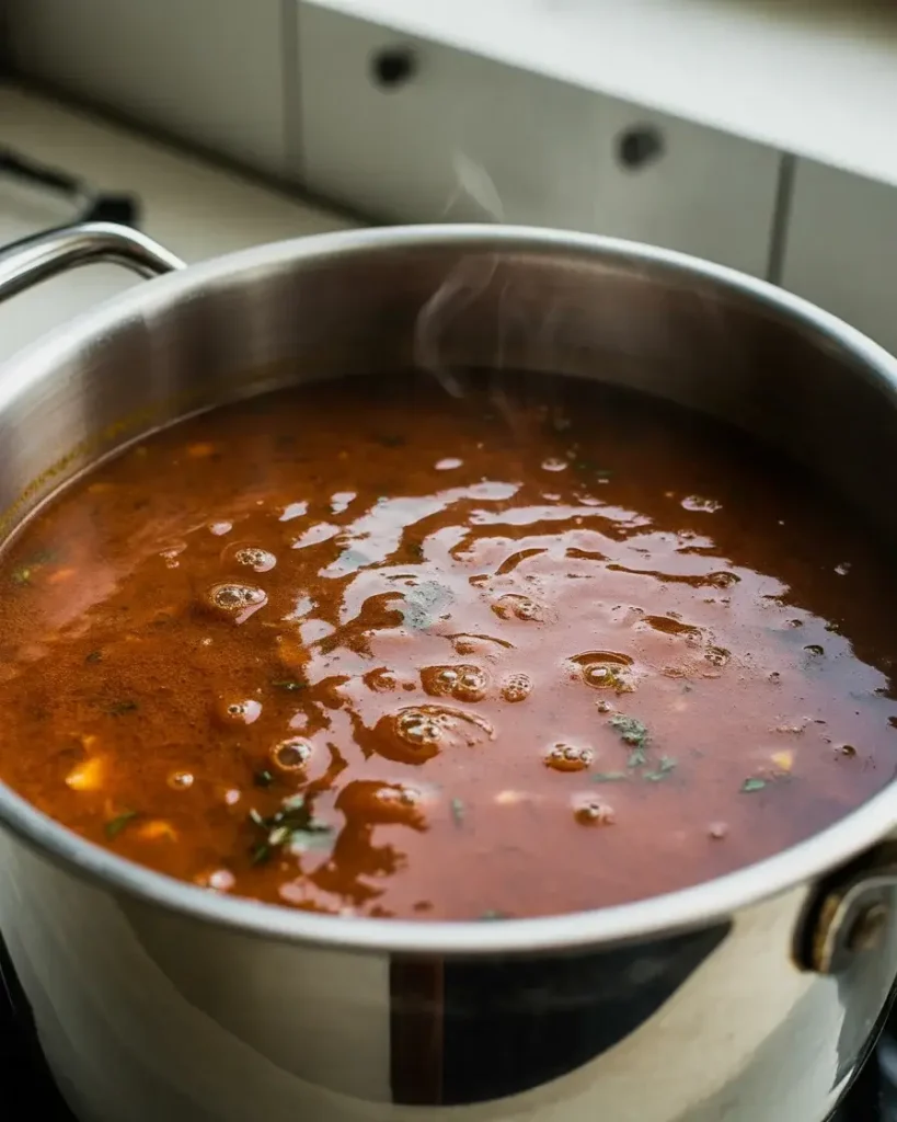 Tomato broth simmering for 10-12 minutes to mellow the acidity and develop deep flavor