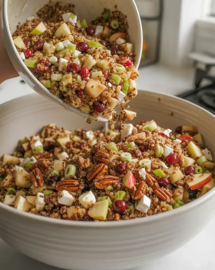 Tossing cranberry apple quinoa salad together in a large bowl with vinaigrette