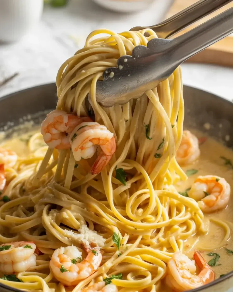 Tossing pasta and shrimp together in silky garlic cream sauce until fully coated