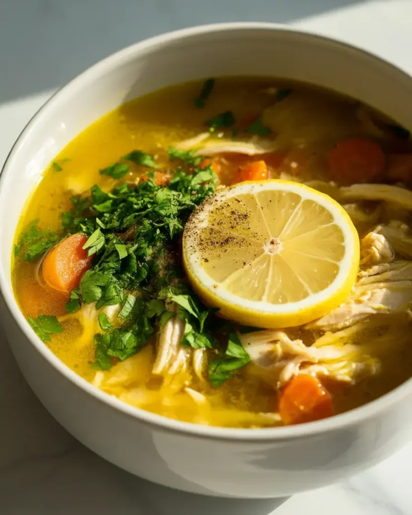 Turmeric chicken soup served with fresh parsley, lemon, and cracked black pepper