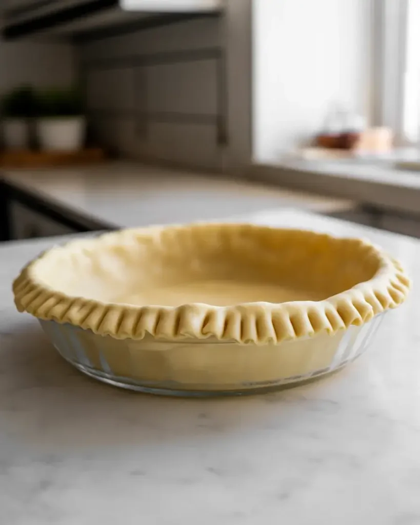 Unbaked pie crust with crimped edges ready to hold the chocolate filling