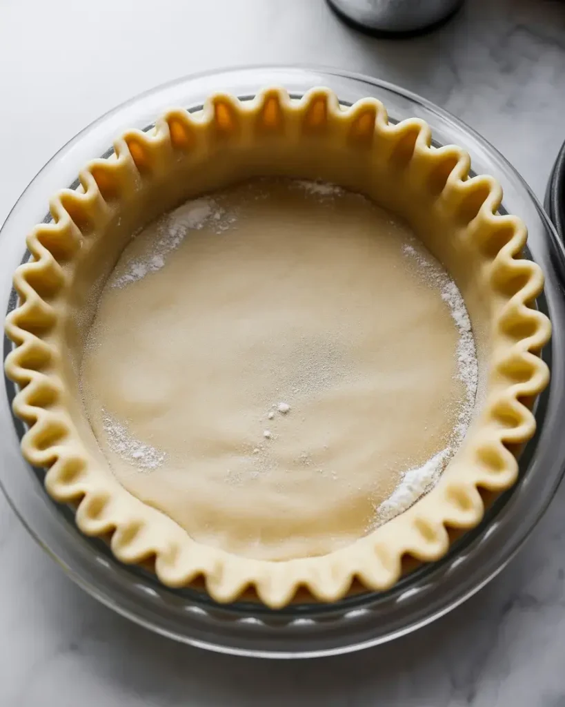  Unbaked pie shell with crimped edges ready for the coconut custard filling