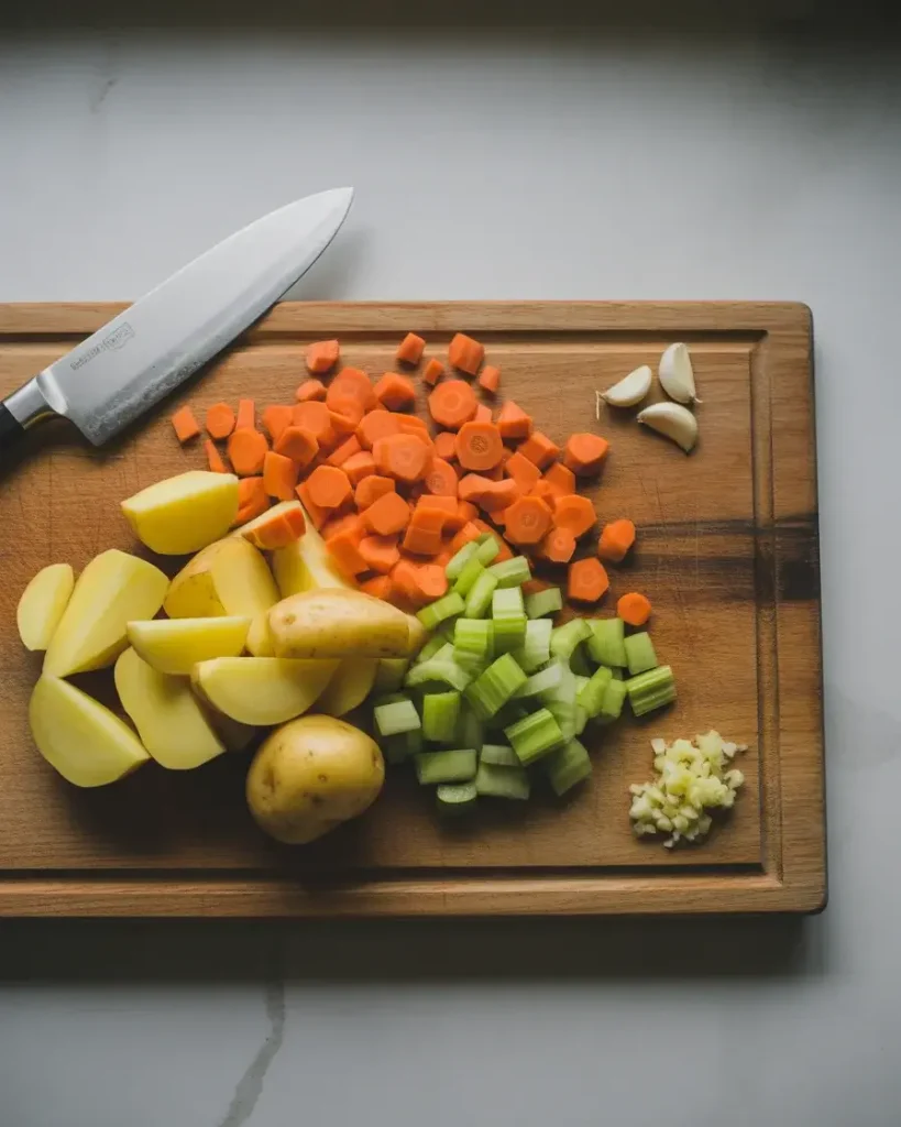 Uniformly diced carrots, celery, potatoes, and garlic ready for the slow cooker