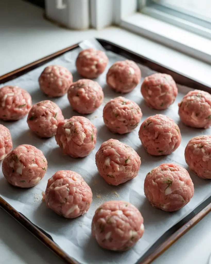 Uniformly shaped raw lamb meatballs lined up on parchment before searing