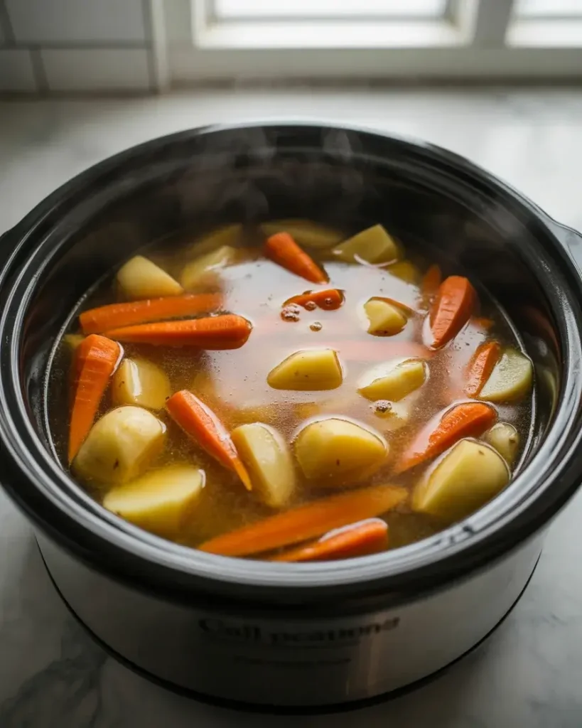 Vegetables fully tender and broth deepened after 8 hours on low