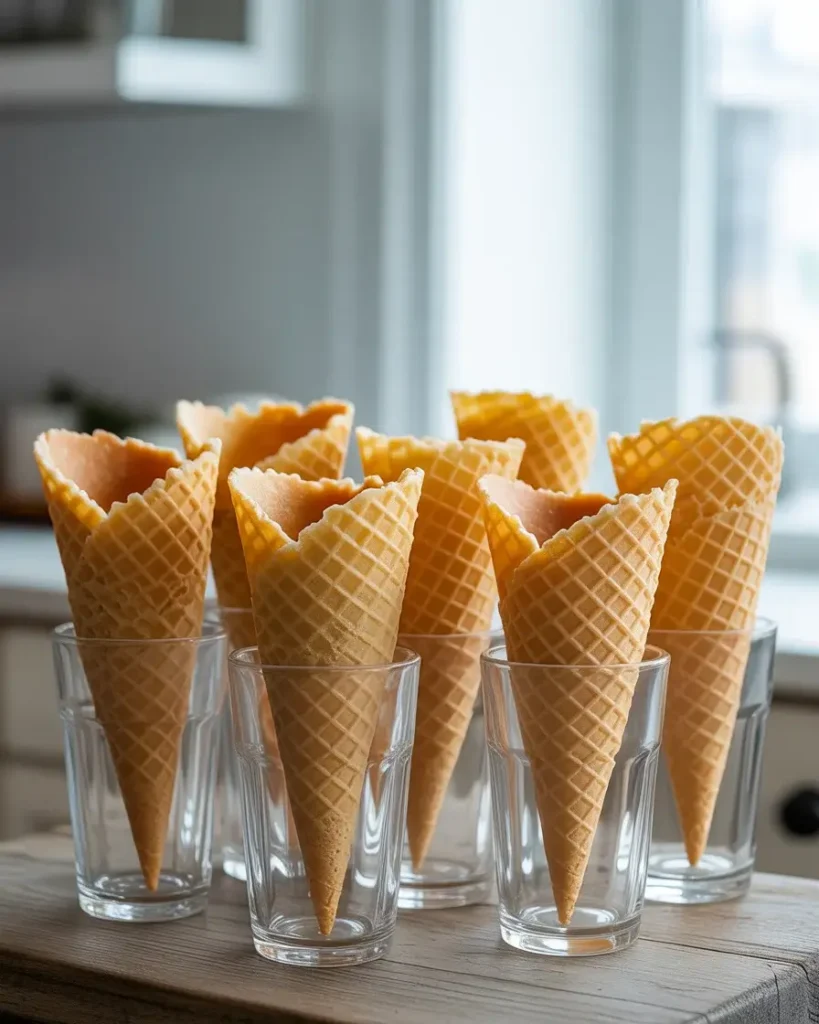 Waffle cones standing upright in glasses, ready to fill without tipping