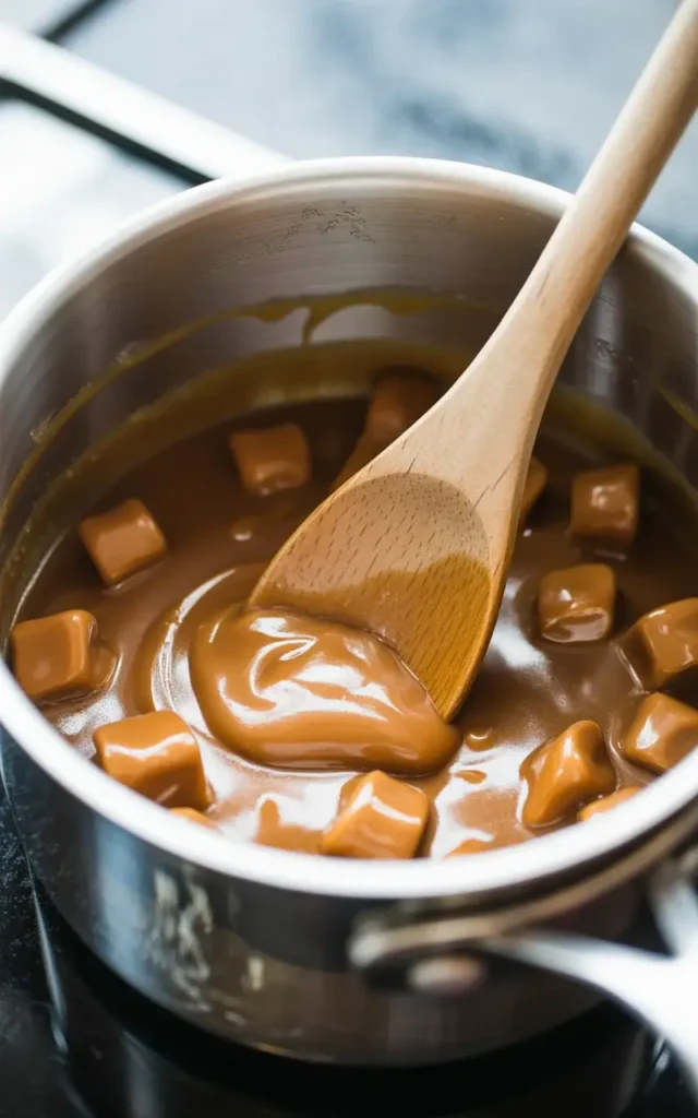 Warm caramel poured over chocolate chips on the pre-baked oat crust