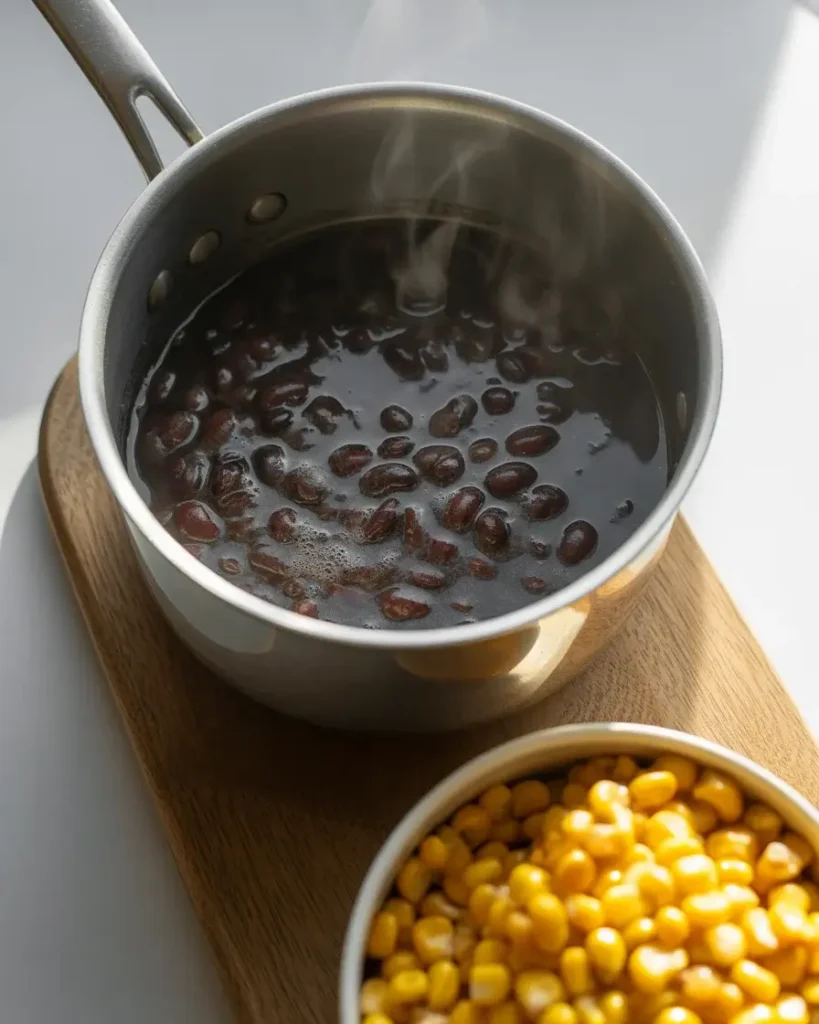 Warm seasoned black beans and roasted corn ready to layer into the bowl
