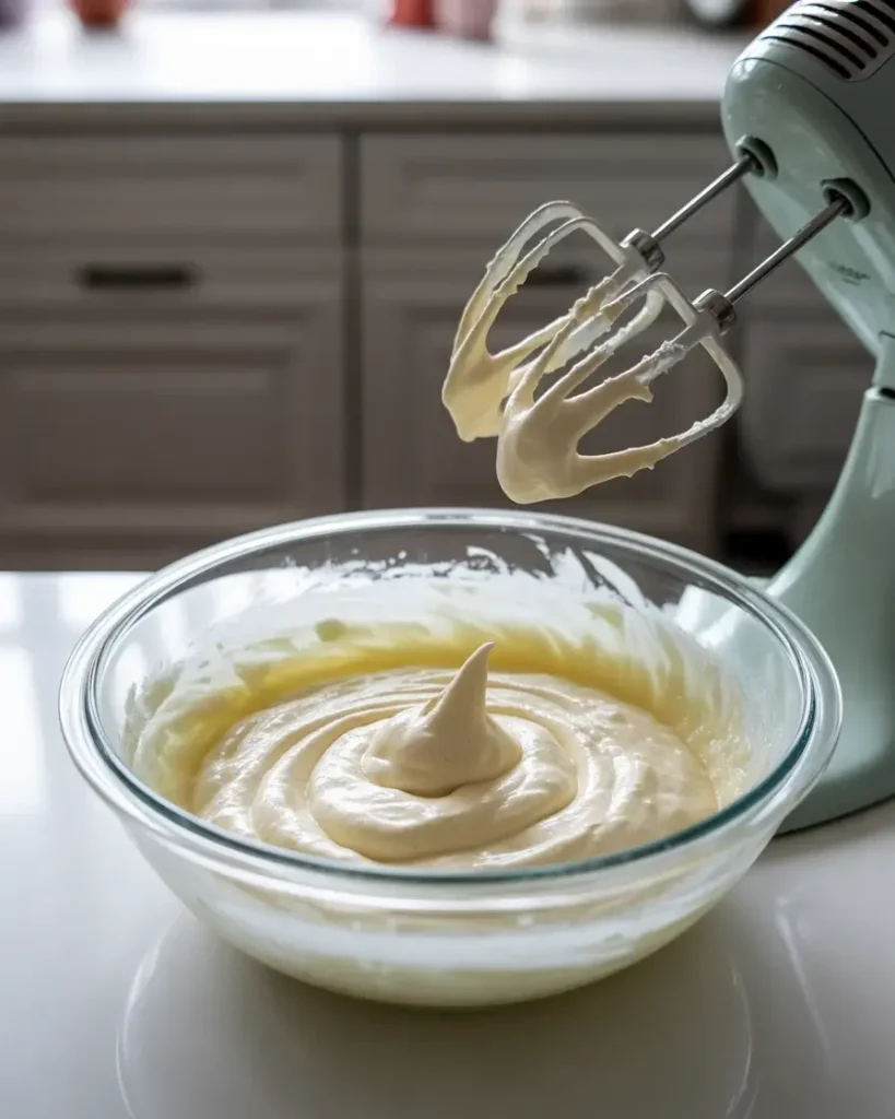 Whipped cheesecake filling beaten to stiff, airy peaks ready for piping