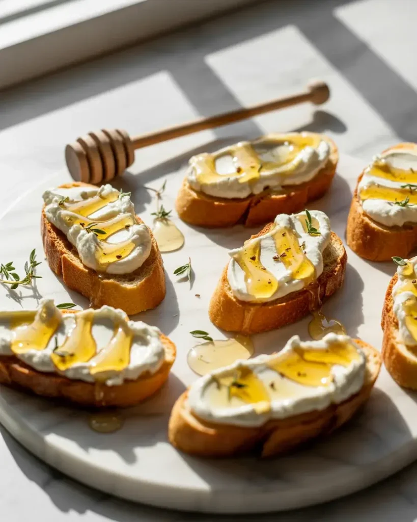 Whipped ricotta crostini finished with honey, thyme, and flaky sea salt