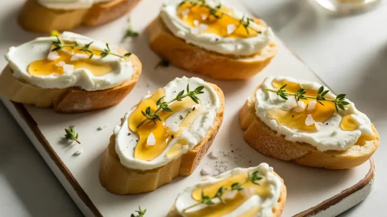 Whipped ricotta crostini with honey, fresh thyme, and flaky sea salt on a serving board