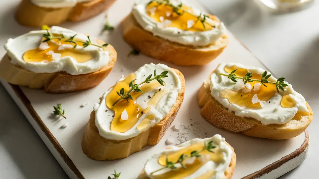 Whipped ricotta crostini with honey, fresh thyme, and flaky sea salt on a serving board