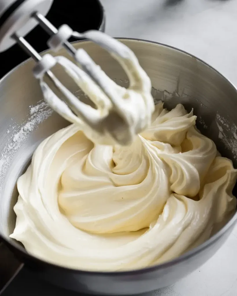 Whipping cream cheese frosting until silky smooth for perfectly pipeable results
