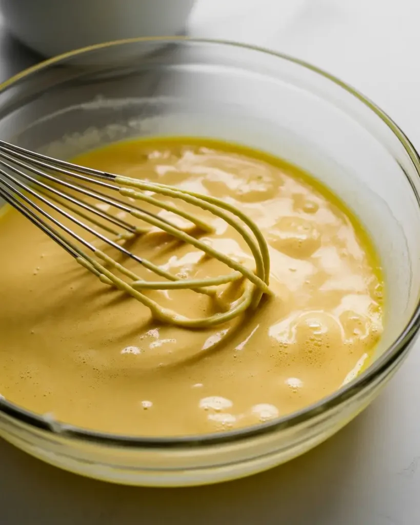 Whisked wet ingredients form a smooth, pale yellow, slightly frothy mixture ready to combine