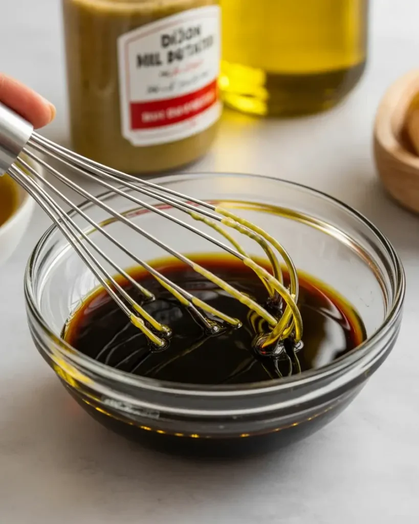 Whisking balsamic glaze dressing until smooth, glossy, and perfectly emulsified