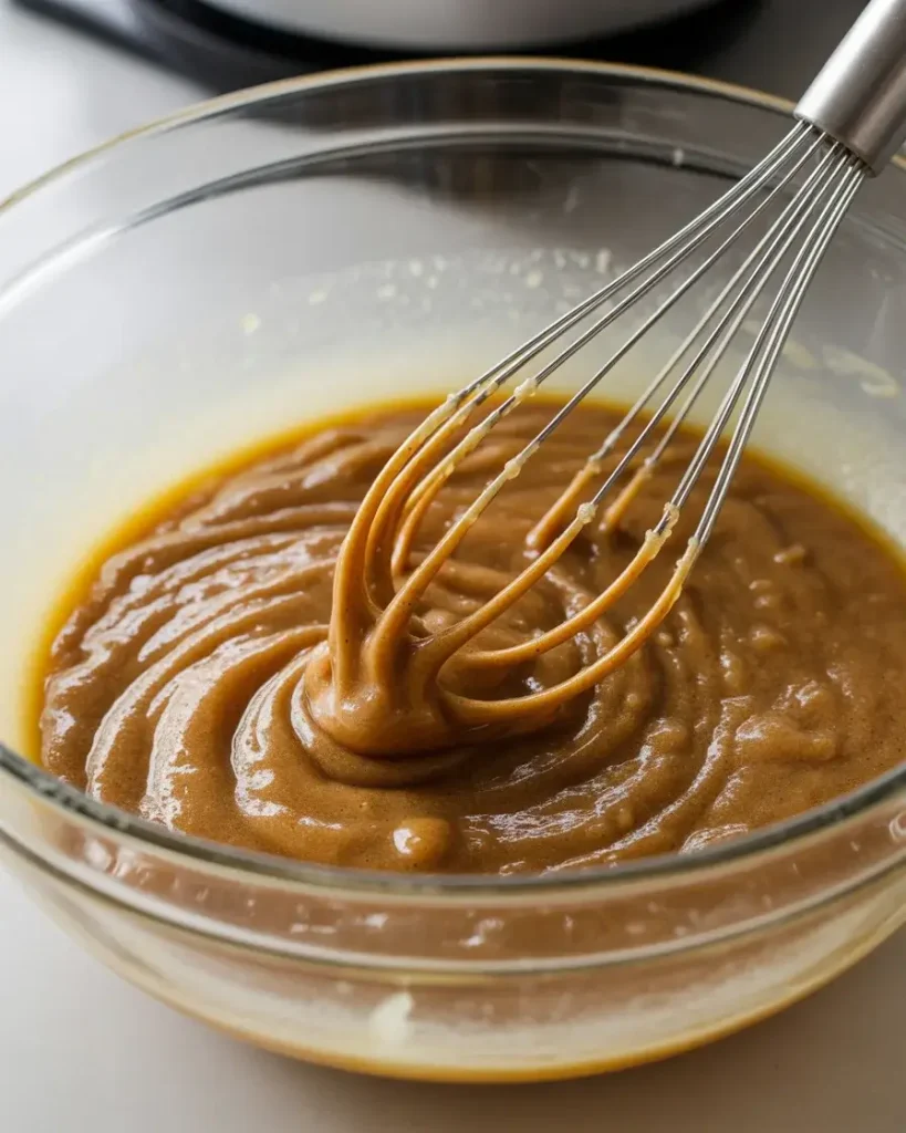 Whisking brown sugar into warm brown butter until glossy and smooth