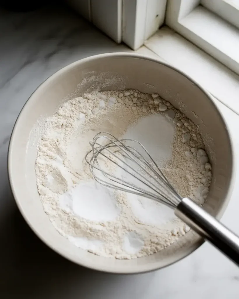 Whisking dry waffle ingredients together until evenly combined and light