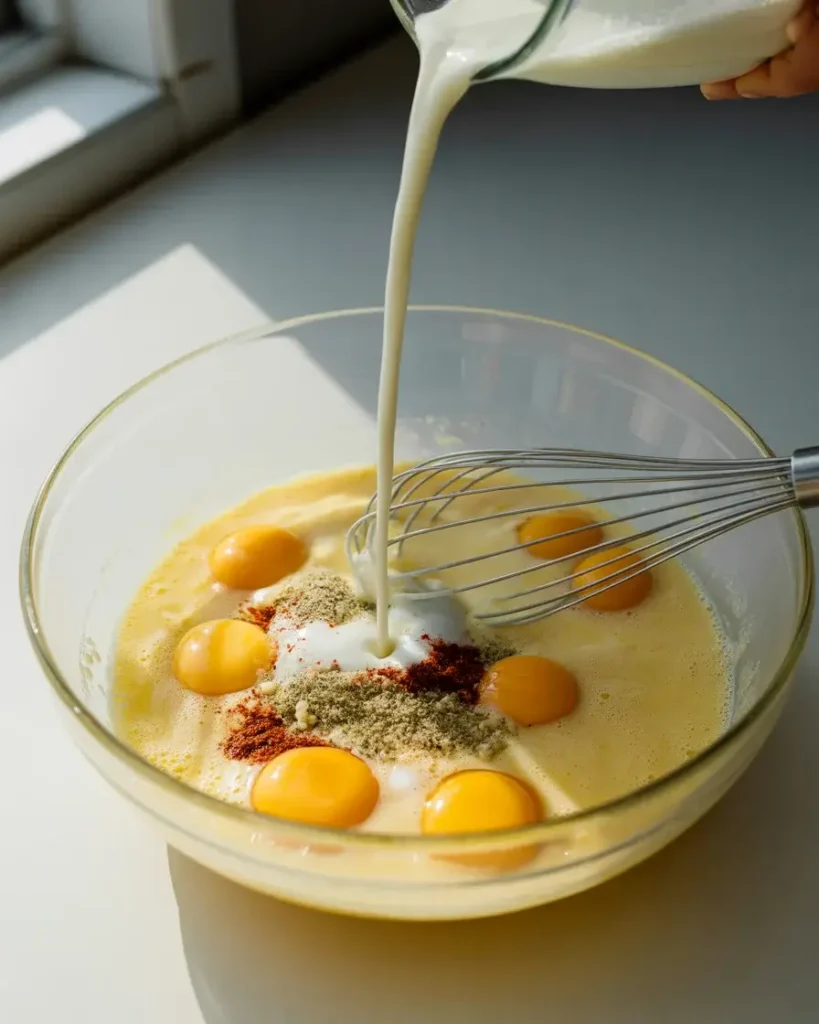 Whisking eggs with milk and seasonings until frothy and well combined
