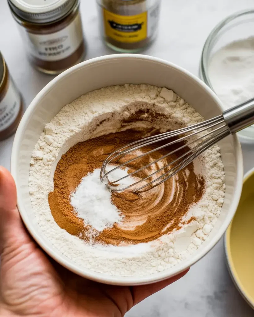 Whisking flour and cinnamon together for even spice distribution throughout blondies