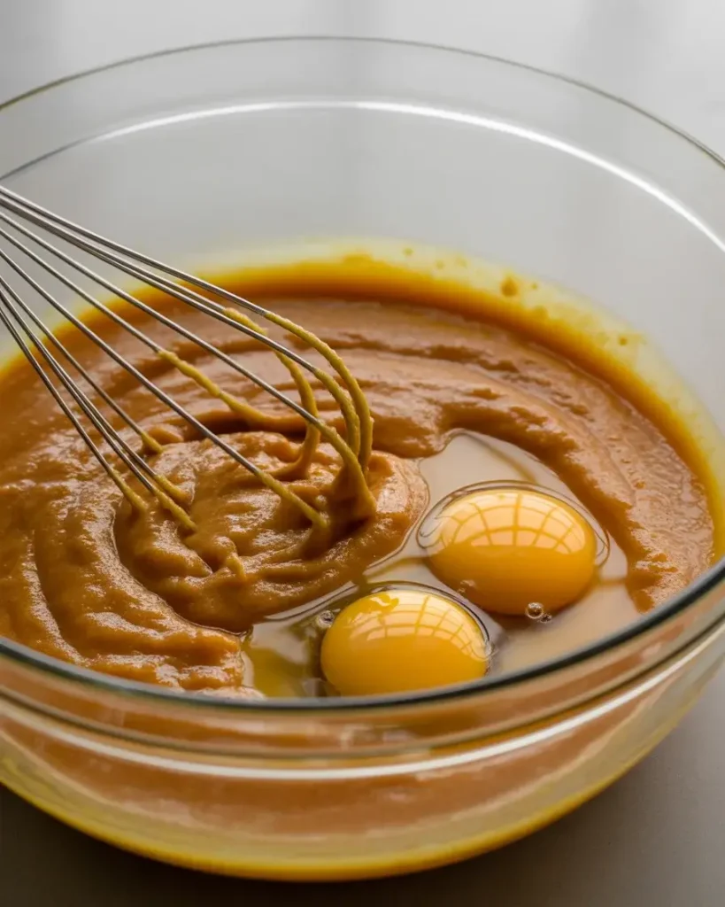 Whisking pumpkin puree, eggs, oil, and sugars into a glossy smooth batter base