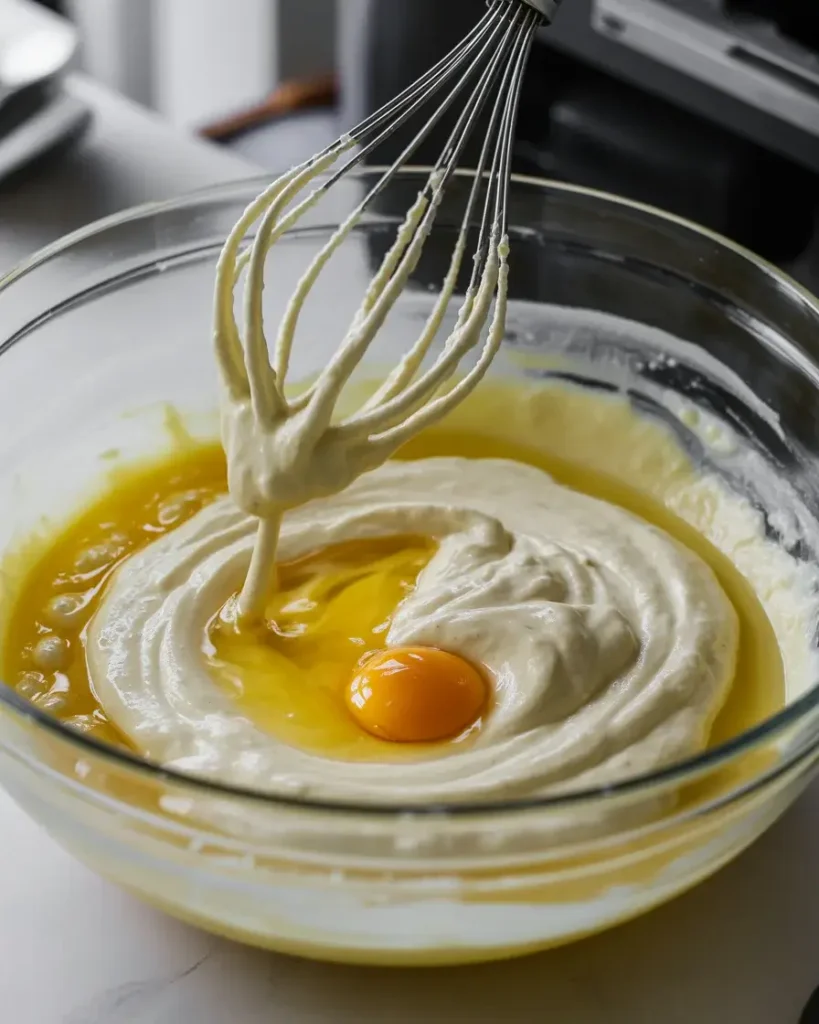 Whisking ricotta, eggs, and melted butter into a smooth, creamy batter base