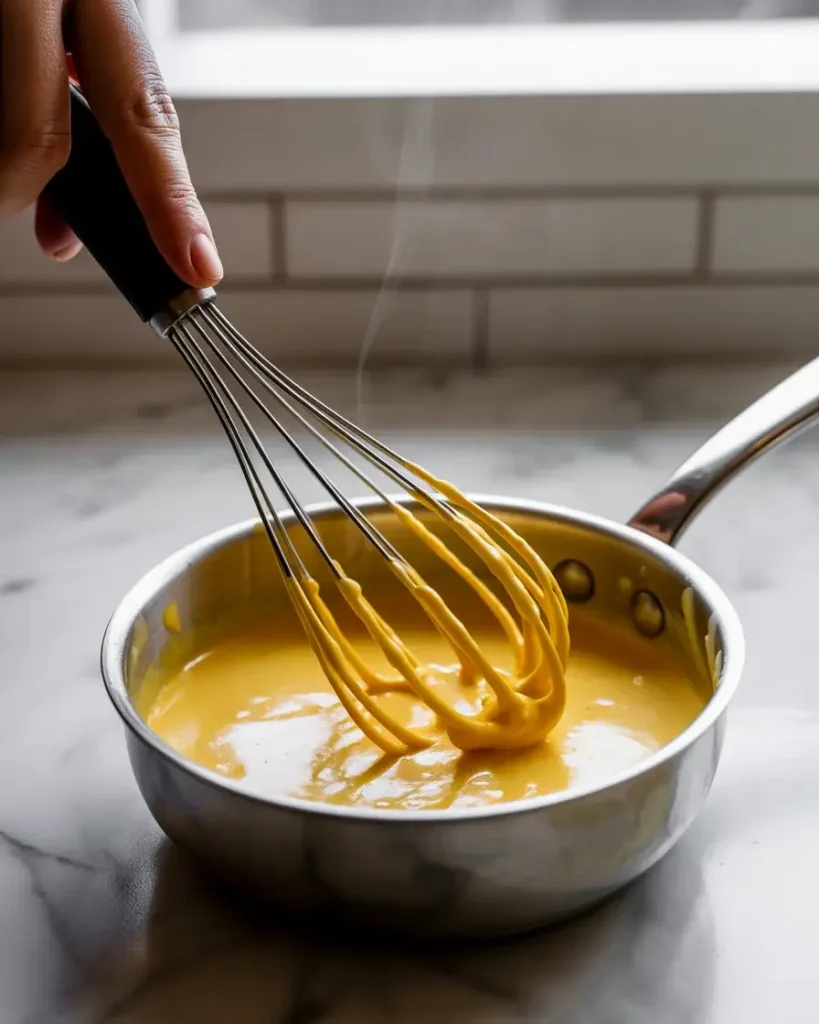 Whisking smooth cheddar and American cheese sauce until glossy and thick