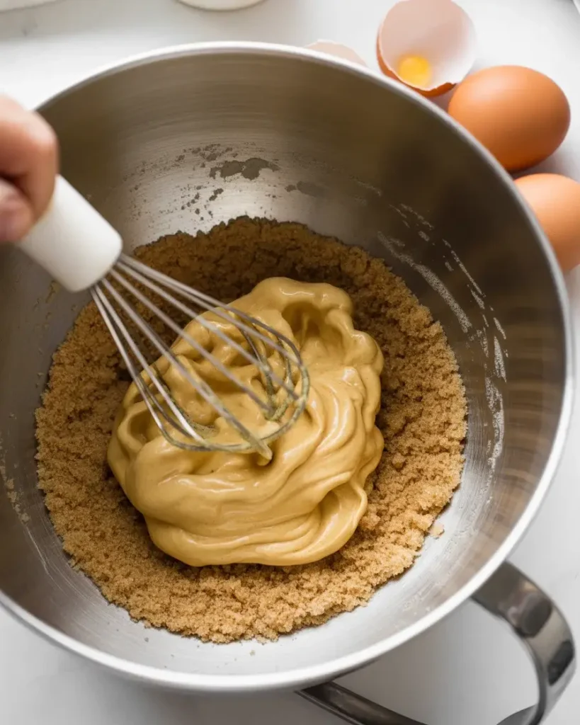 Whisking sugars and eggs into brown butter until pale and ribbony