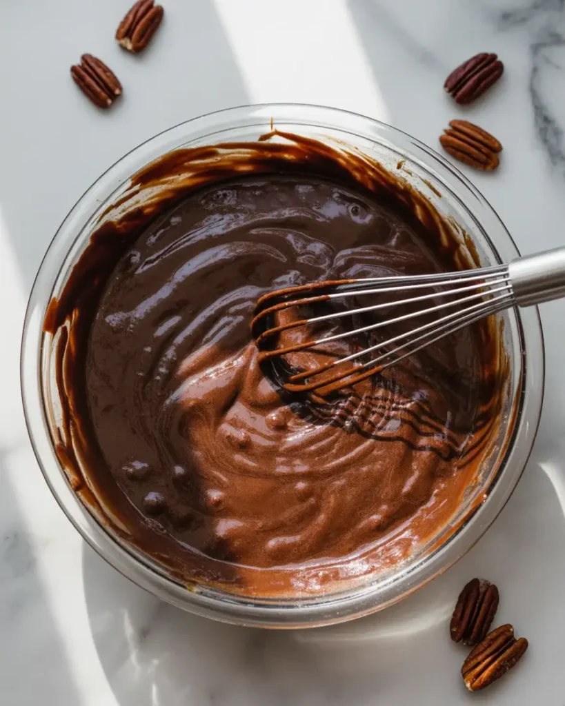 Whisking the chocolate filling to a smooth, glossy mahogany consistency