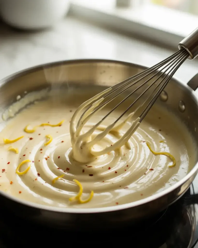 Whisking the white wine scampi sauce until silky smooth and spoon-coating