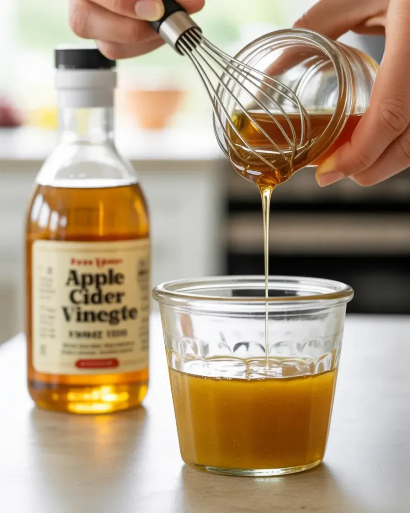 Whisking together apple cider vinaigrette with honey and Dijon mustard