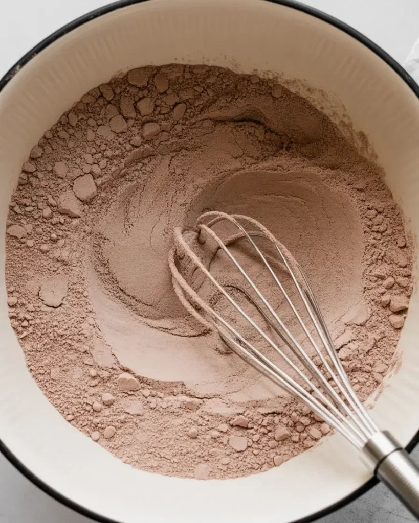 Whisking together flour, cocoa powder, baking soda, and salt for red velvet hearts