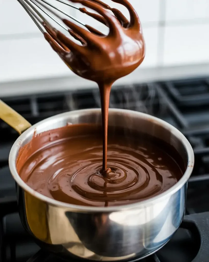 Whisking warm glossy chocolate frosting until perfectly smooth and pourable