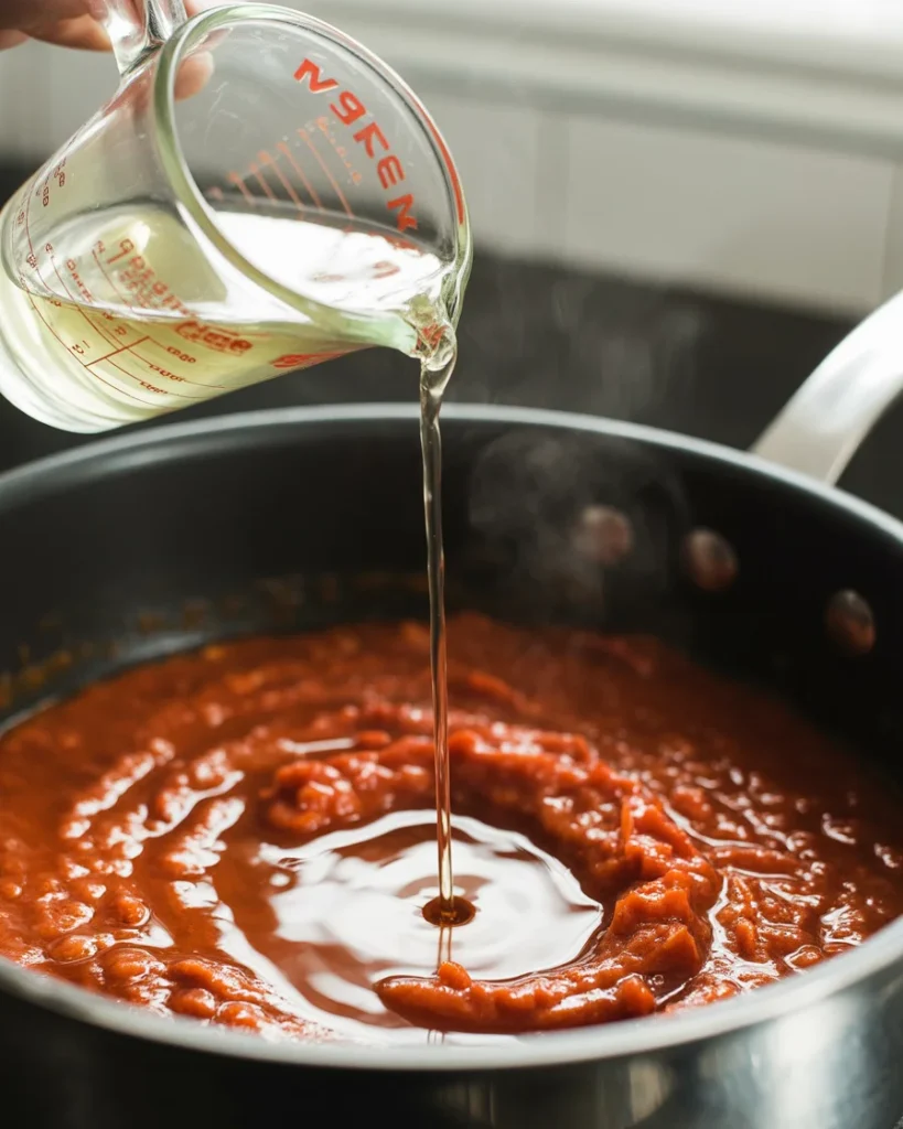 White vinegar poured into the cooked pepper mash, thinning it into a pourable sauce