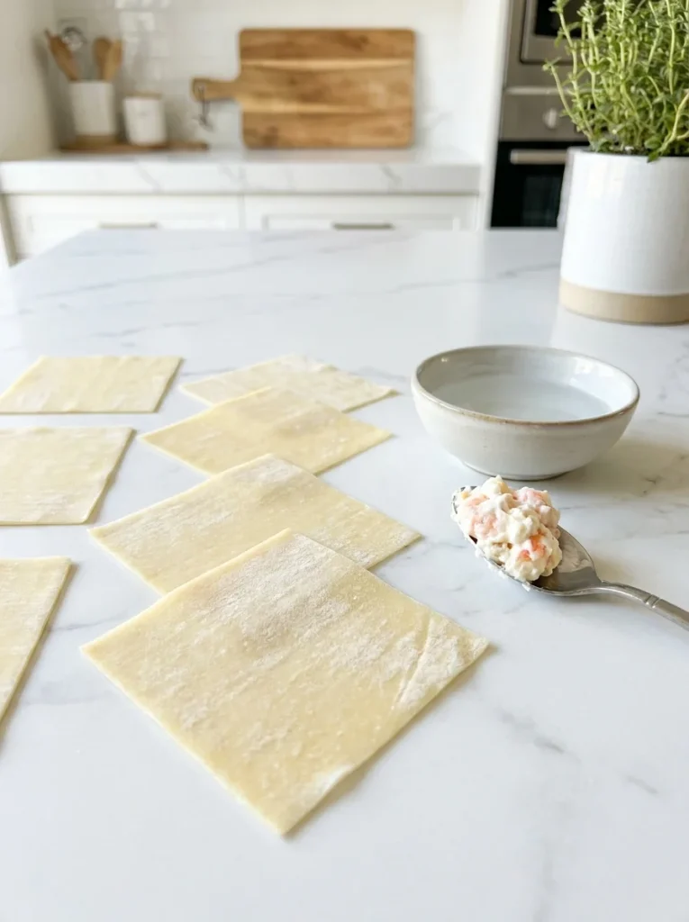 Wonton wrappers, filling, and water bowl set up for easy folding assembly